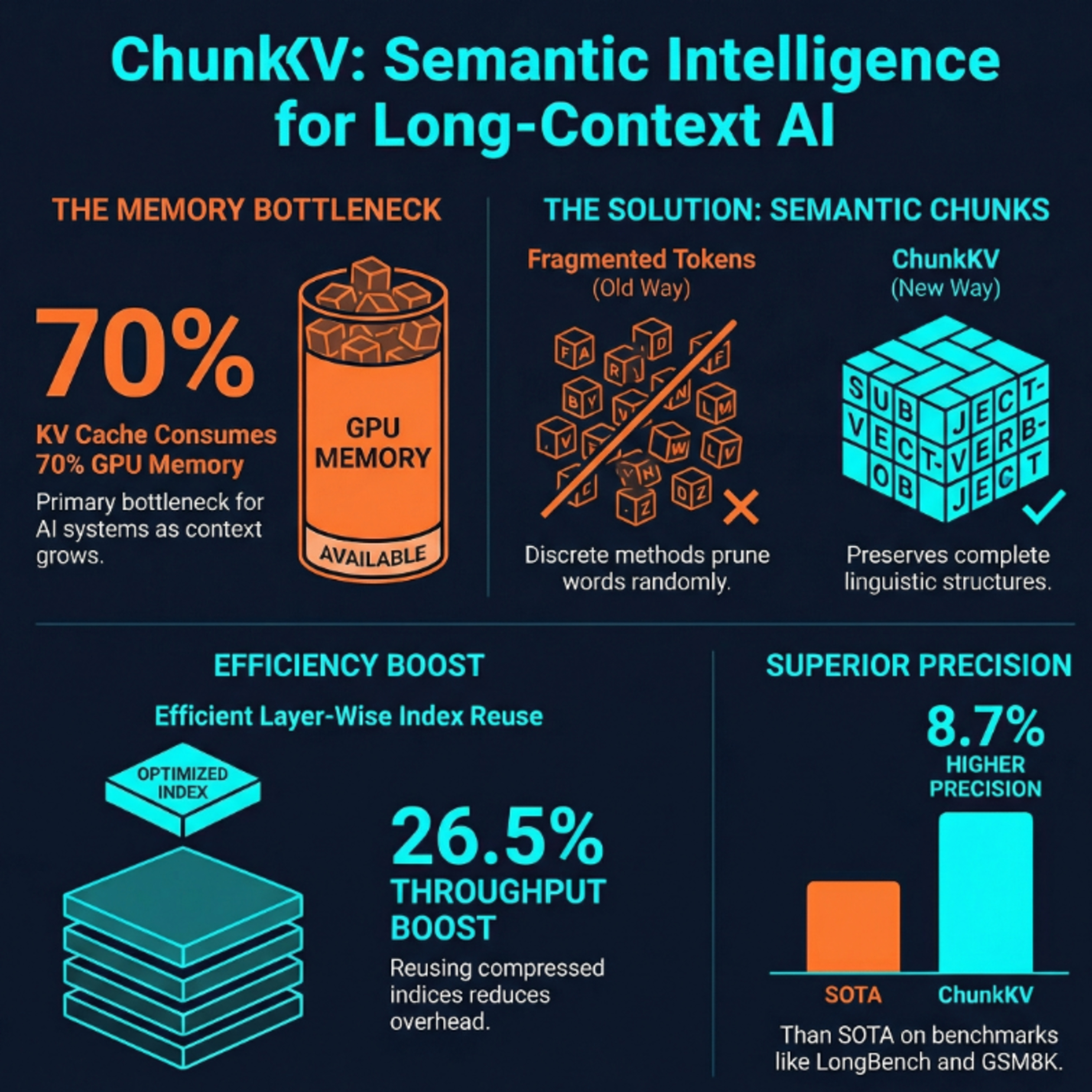 ChunkKV: Semantic-Preserving KV Cache
Compression for Efficient Long-Context LLM
Inference